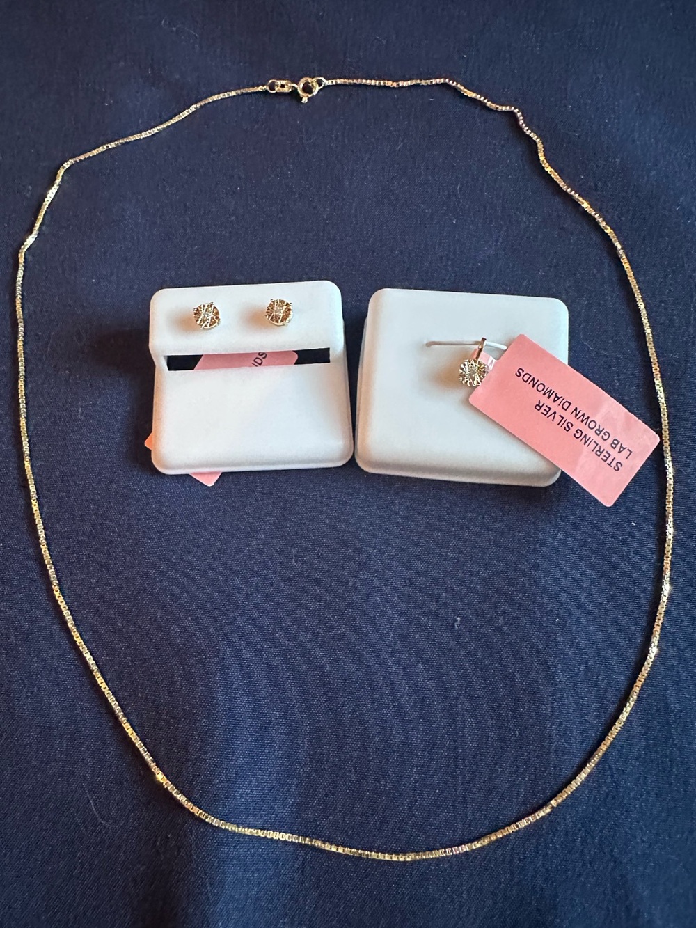 Gold over 925 Silver Lab Diamond Box Chain Necklace Earrings Set 20” 0.039CTW
